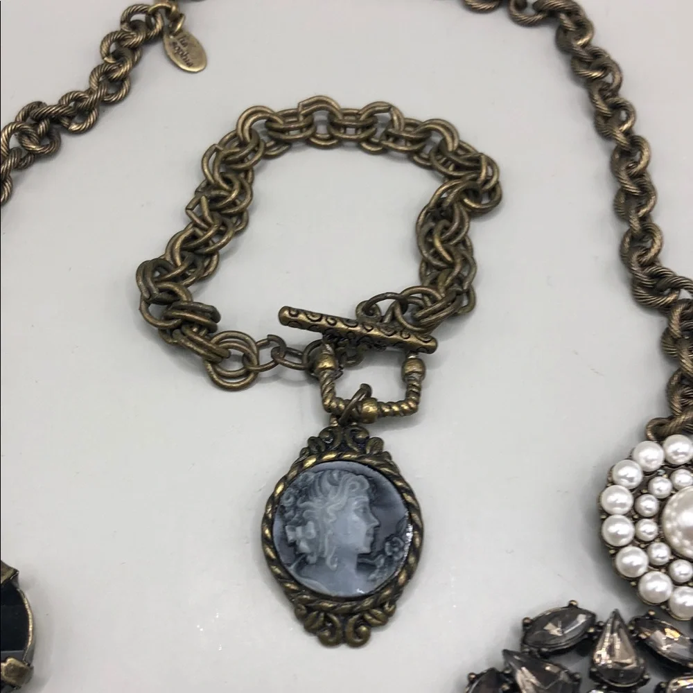 Lia Sophia Curio Chain Necklace + Victorian Style Cameo Bracelet Antiqued Brass.